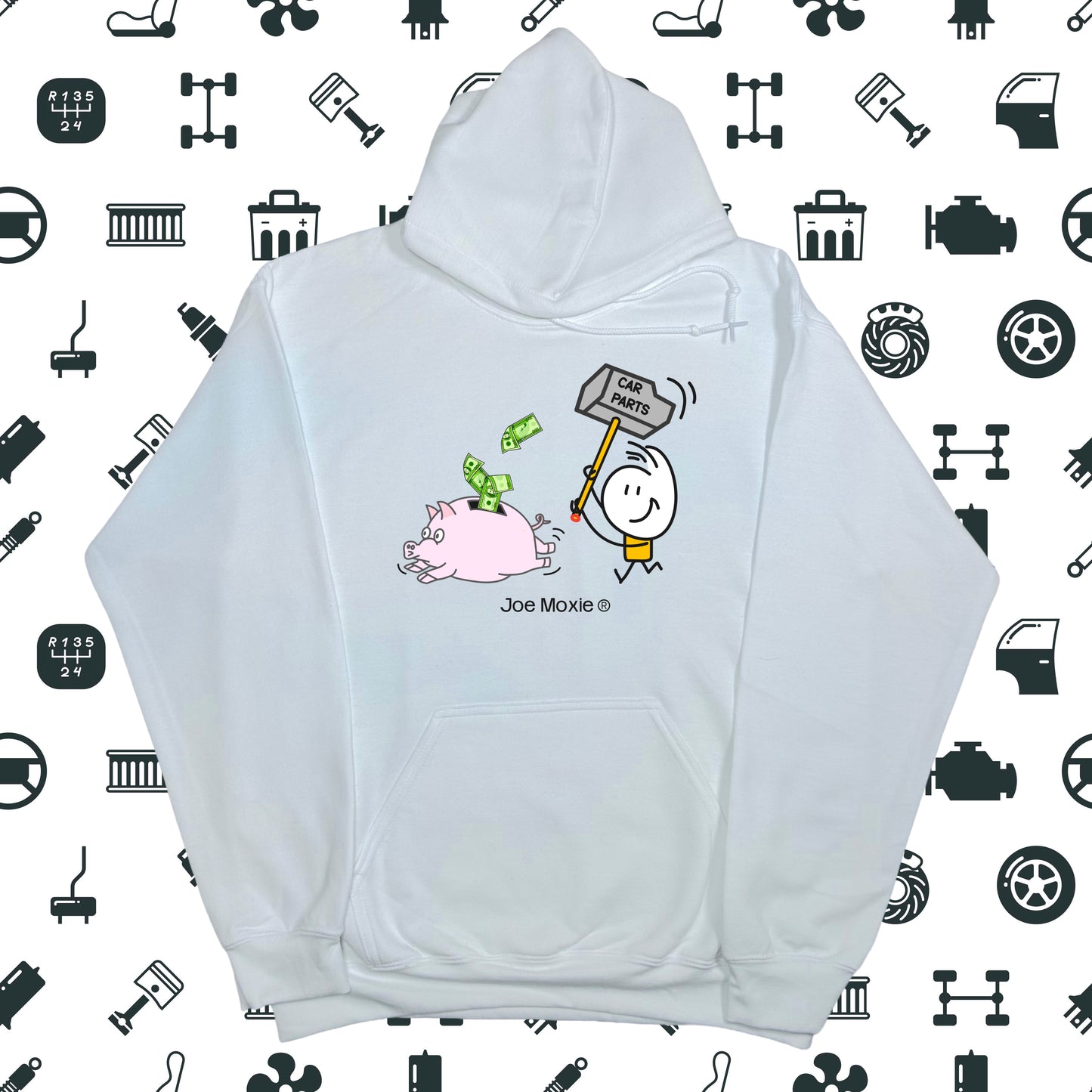 Joe Moxie® Car Parts Hammer Chasing Piggy Bank Hoodie