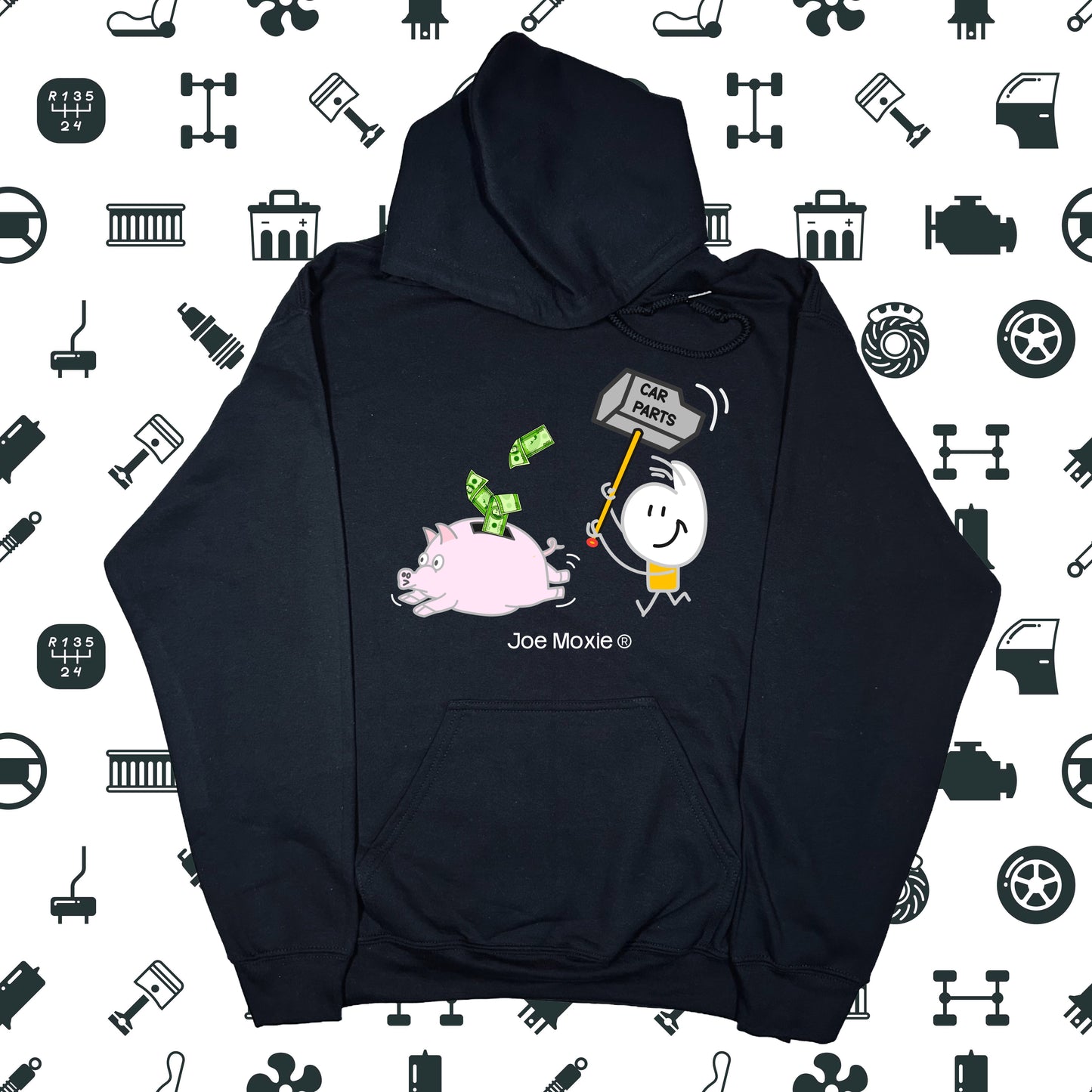 Joe Moxie® Car Parts Hammer Chasing Piggy Bank Hoodie