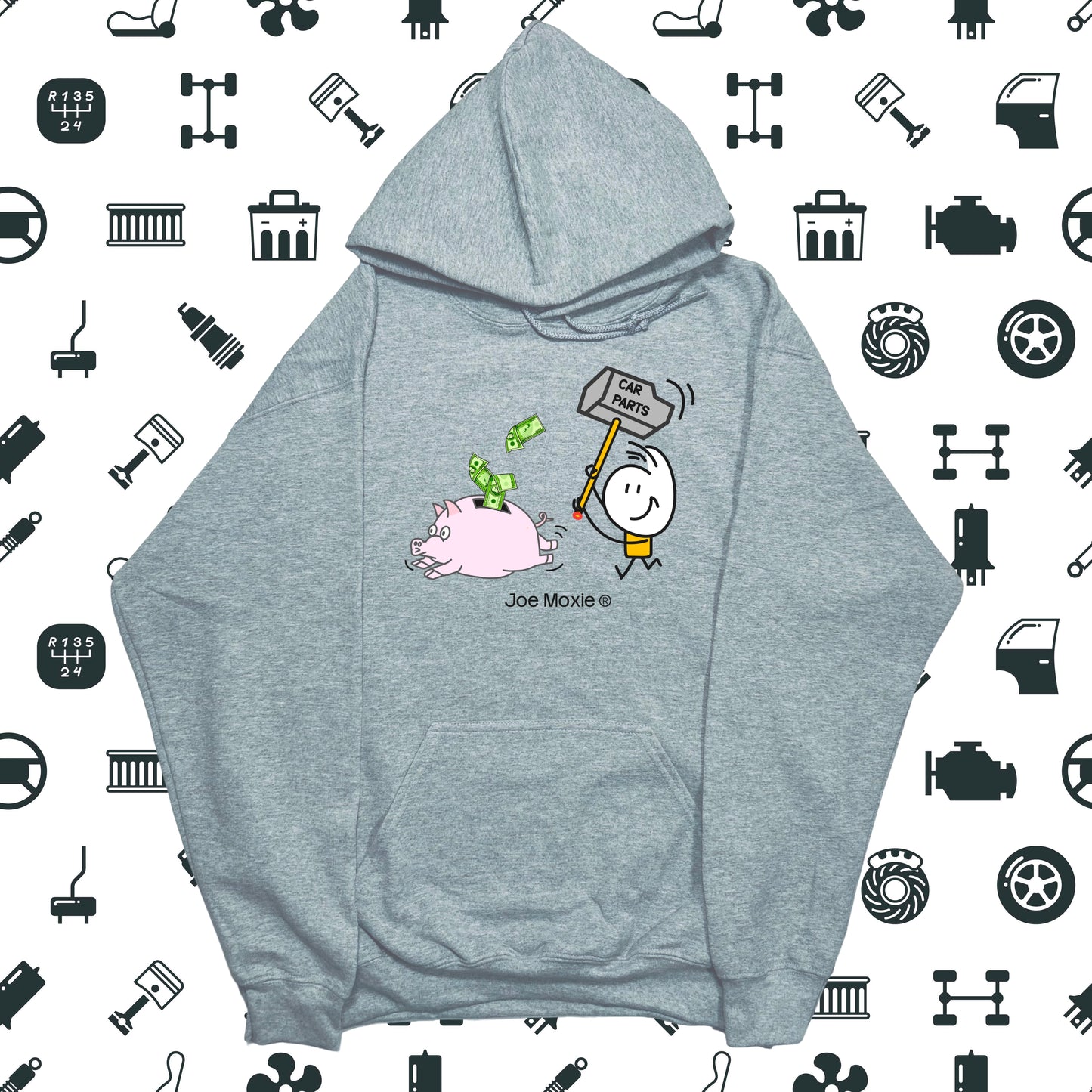 Joe Moxie® Car Parts Hammer Chasing Piggy Bank Hoodie