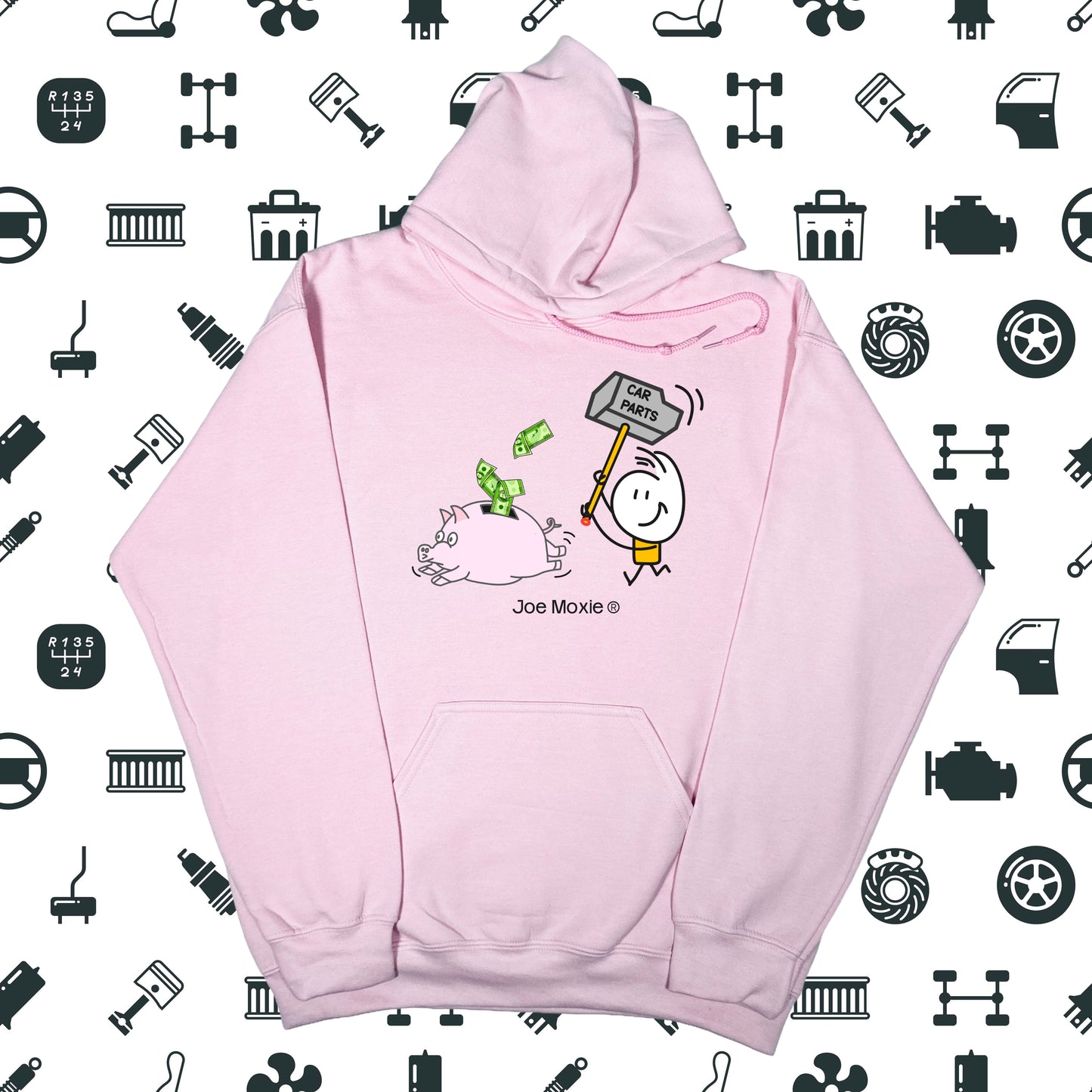 Joe Moxie® Car Parts Hammer Chasing Piggy Bank Hoodie